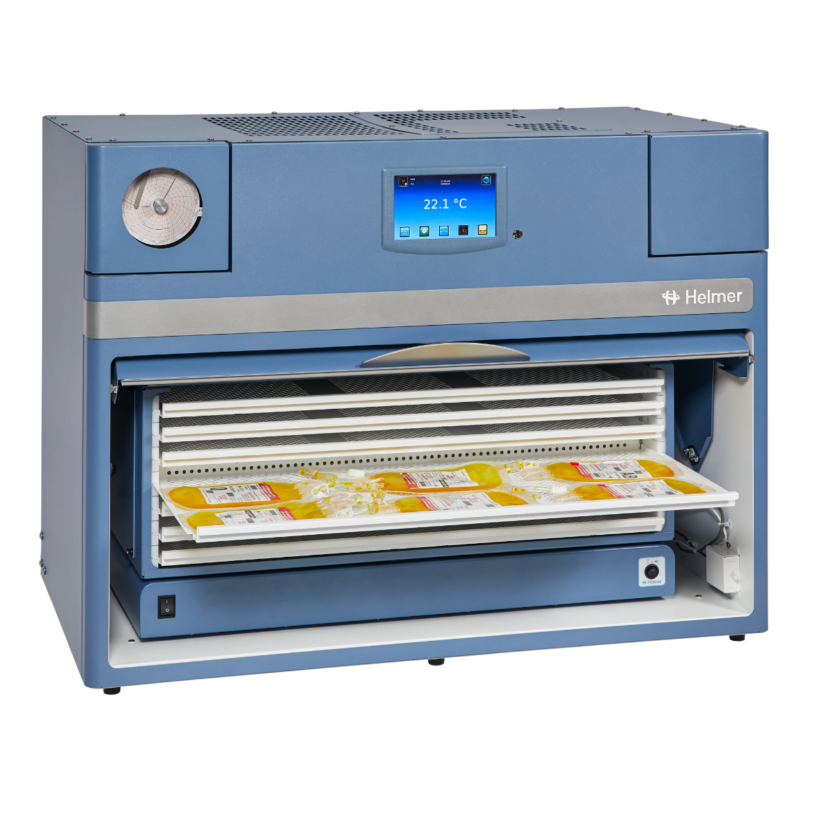 A blue countertop incubator with a digital display and multiple shelves inside.