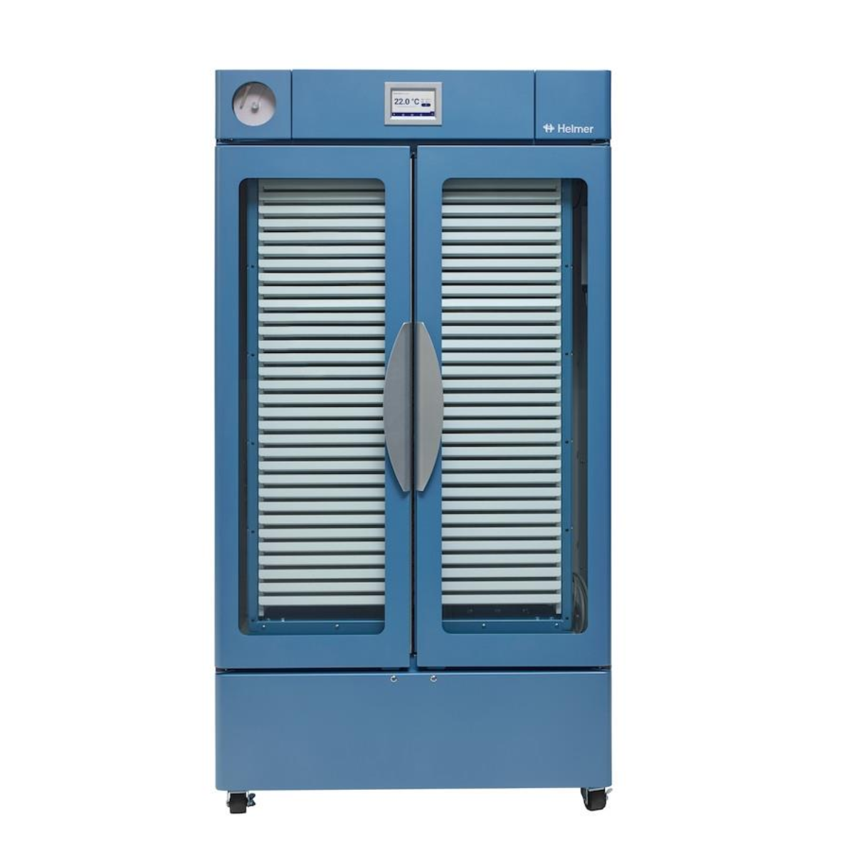Blue industrial cabinet with glass doors on a white background. PC4200 Pro Line floor-standing platelet incubator with built-in agitator, Helmer Scientific unit for reliable platelet storage and gentle agitation under controlled conditions.