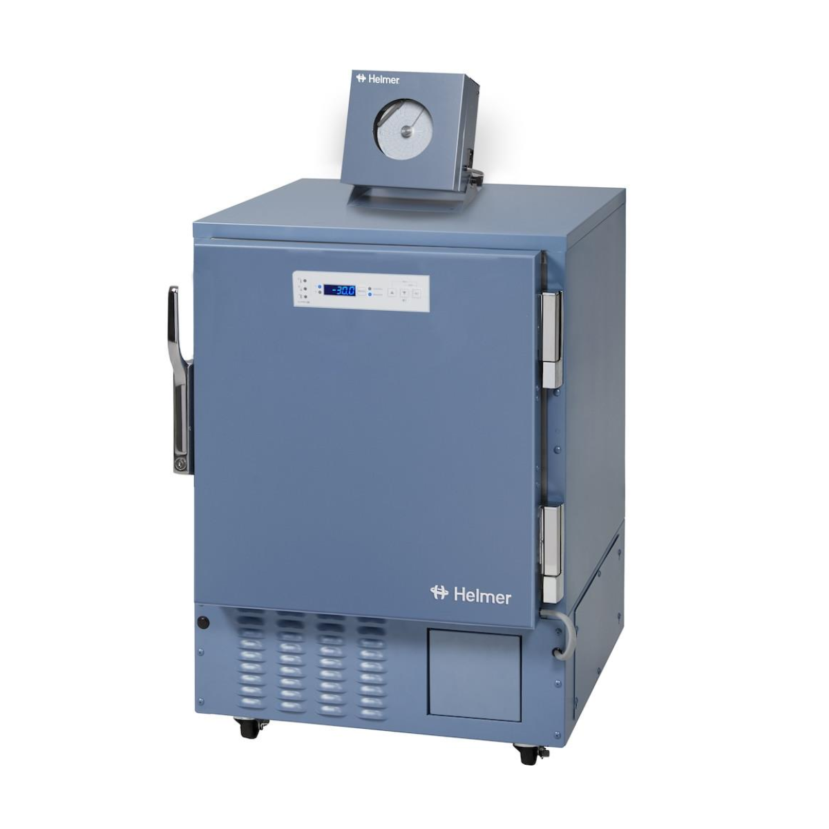 Blue Helmer oven on a white background. HBF105-GX Horizon Series undercounter blood bank plasma freezer, –30 °C, 150-litre capacity, compact white medical storage unit with solid door.