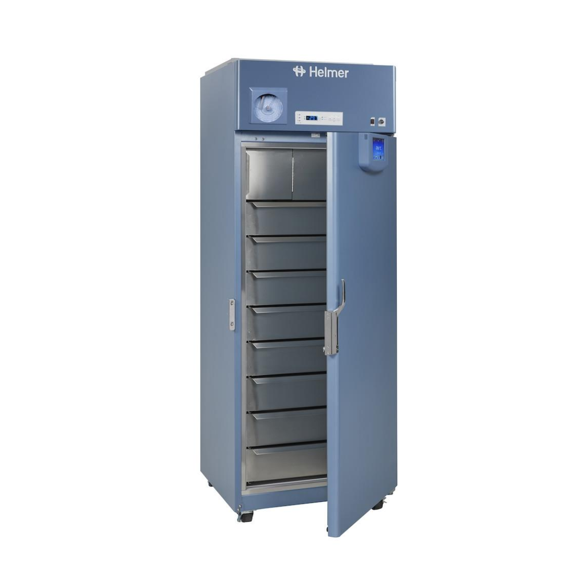 Blue Helmer refrigerator on a white background. HBF125 Horizon Series upright blood bank plasma freezer, –35 °C, 714-litre capacity, tall white medical storage unit with solid door.