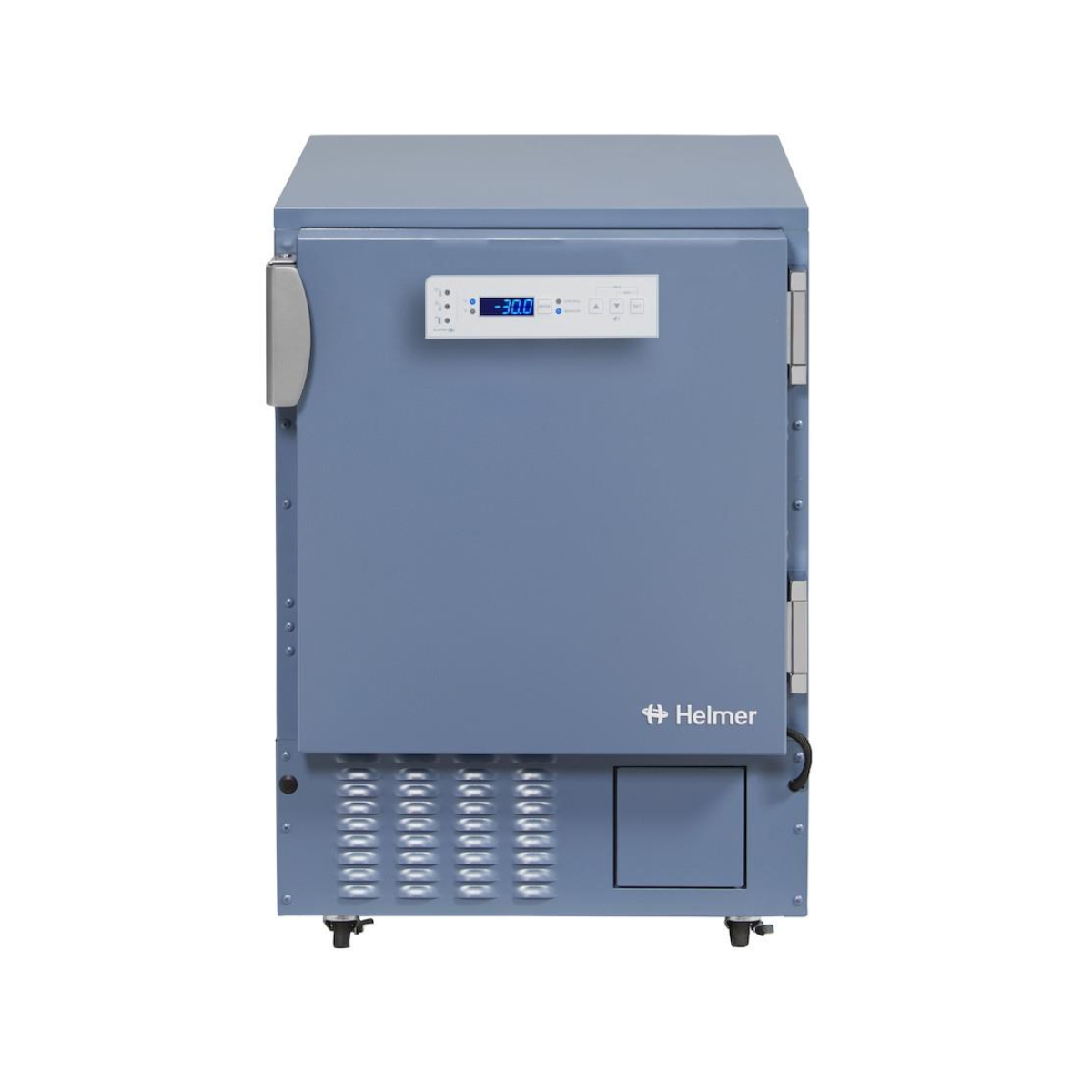 Blue Helmer freezer on a white background. HLF105-GX Horizon Series undercounter laboratory freezer, –30 °C, 150-litre capacity, compact white medical storage unit with solid door.