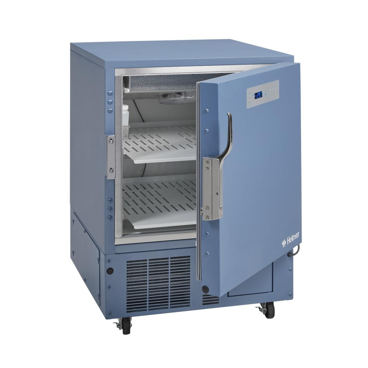 Blue refrigerator with open door on a white background. HLF105-GX Horizon Series undercounter laboratory freezer, –30 °C, 150-litre capacity, compact white medical storage unit with solid door.