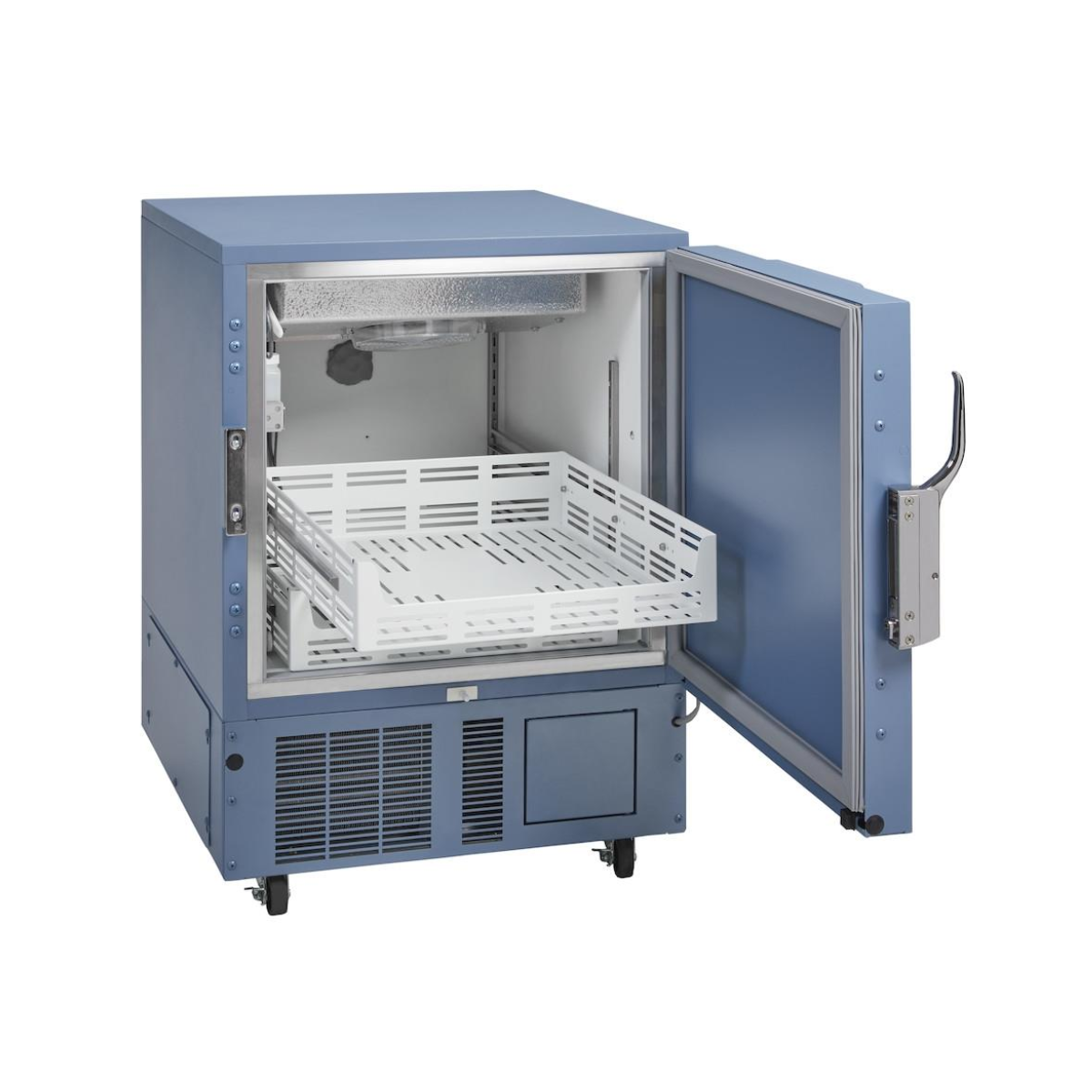 Blue industrial freezer with open door showing interior shelves on a white background. HLF105-GX Horizon Series undercounter laboratory freezer, –30 °C, 150-litre capacity, compact white medical storage unit with solid door.
