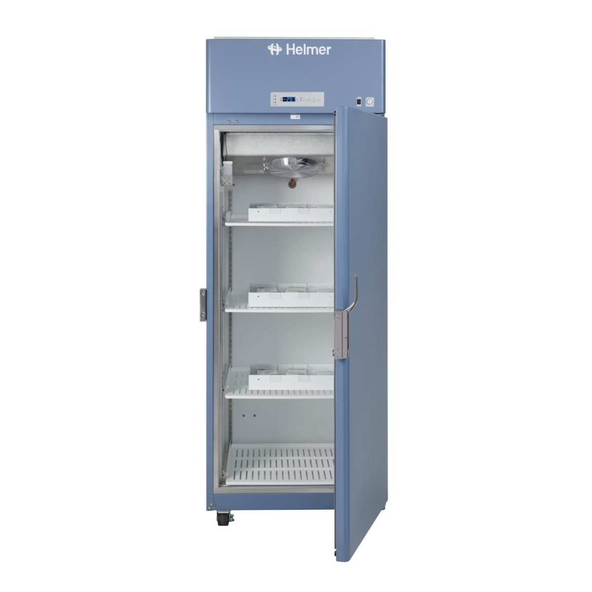 Blue Helmer refrigerator with open door on a white background. HLF120-GX Horizon Series upright laboratory freezer, –30 °C, 572-litre capacity, white medical storage unit with solid door.