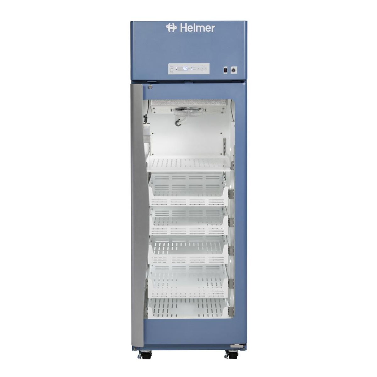 Blue Helmer refrigerator with open door on a white background