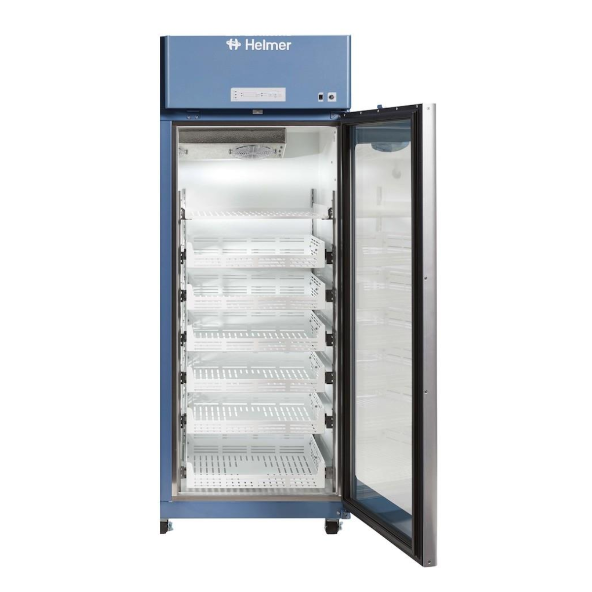 Blue Helmer refrigerator with open door on a white background