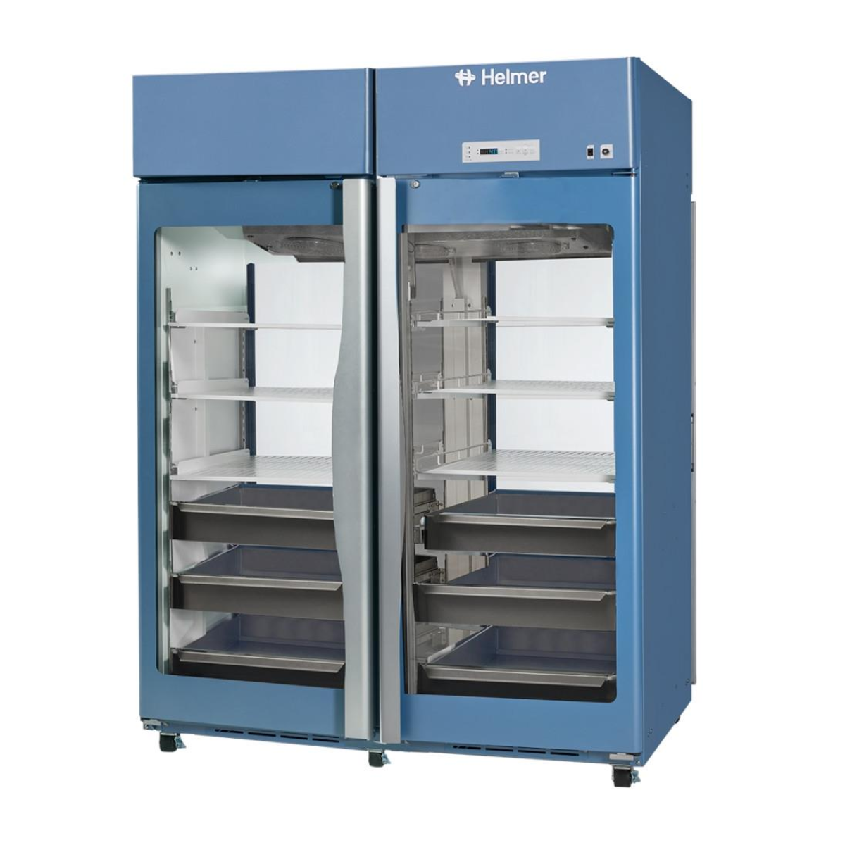 Blue Helmer refrigerator with open doors on a white background