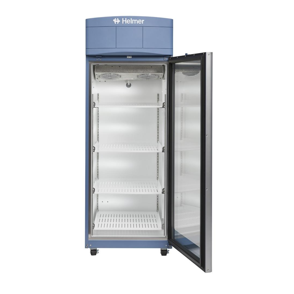 Blue Helmer commercial refrigerator with open door on a white, iLR125-GX i.Series upright laboratory refrigerator, 714-litre capacity, tall white medical storage unit with glass doors.