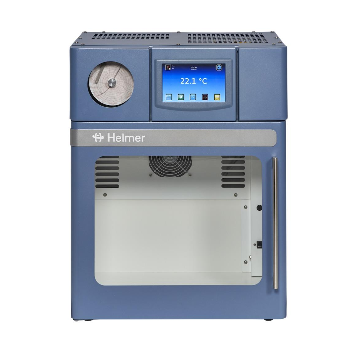 Blue Helmer machine with digital display on a white background