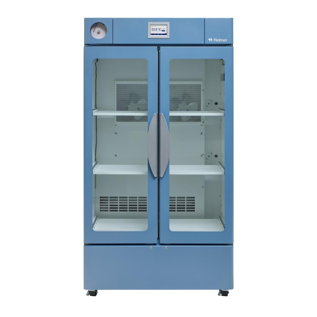 Blue laboratory cabinet with glass doors on a white background. PC3200 Pro Line floor-standing platelet incubator, Helmer Scientific unit designed for secure platelet storage with consistent temperature control.