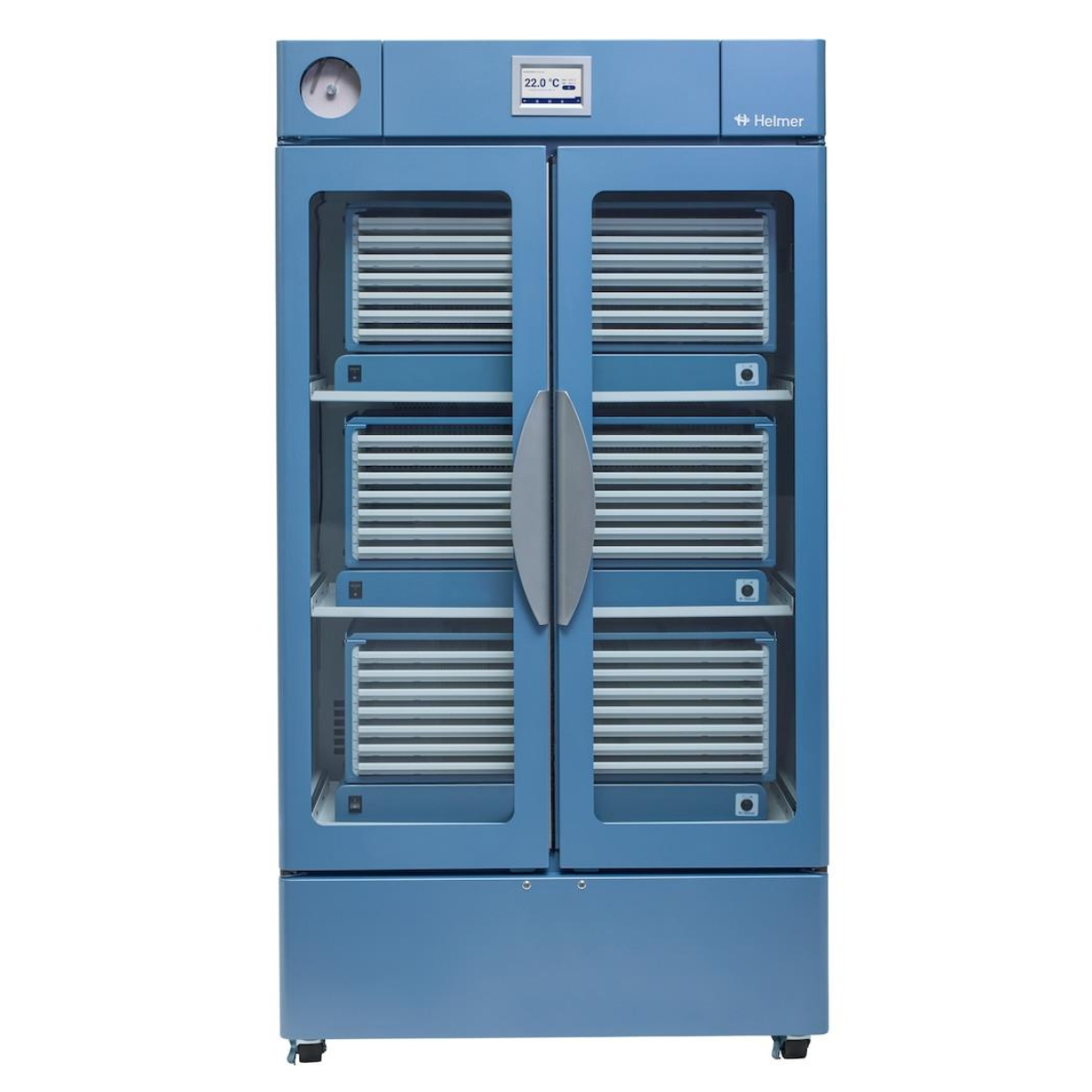 Blue laboratory refrigerator with digital display on a white background. PC3200 Pro Line floor-standing platelet incubator, Helmer Scientific unit for controlled platelet storage with precise temperature regulation.