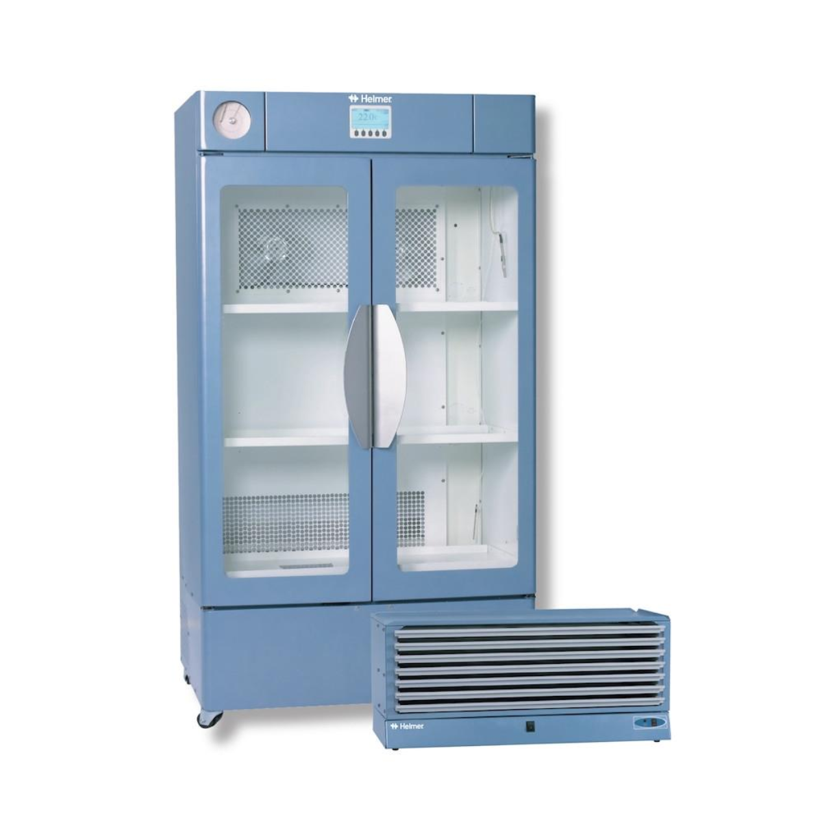 Blue laboratory refrigerator with glass doors on a white background. PC3200 Pro Line floor-standing platelet incubator, Helmer Scientific unit designed for secure platelet storage with consistent temperature control.