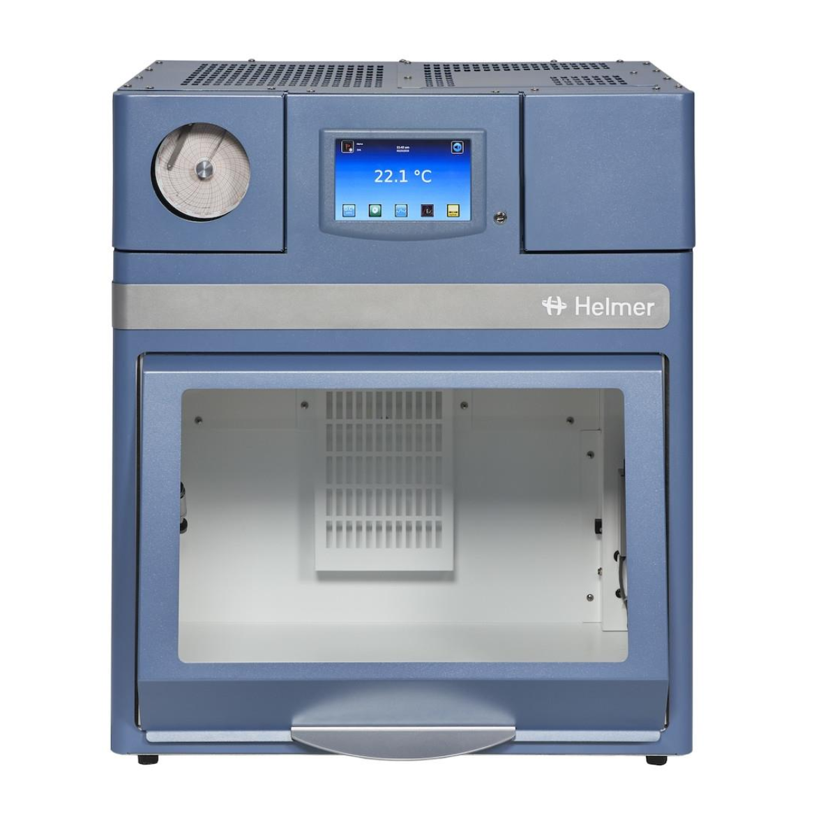 Blue Helmer laboratory oven with digital display on a white background