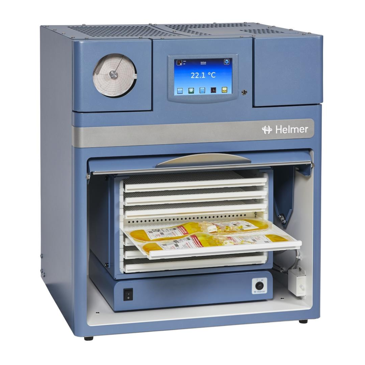 Blue Helmer machine with a digital display and open door showing packages inside.