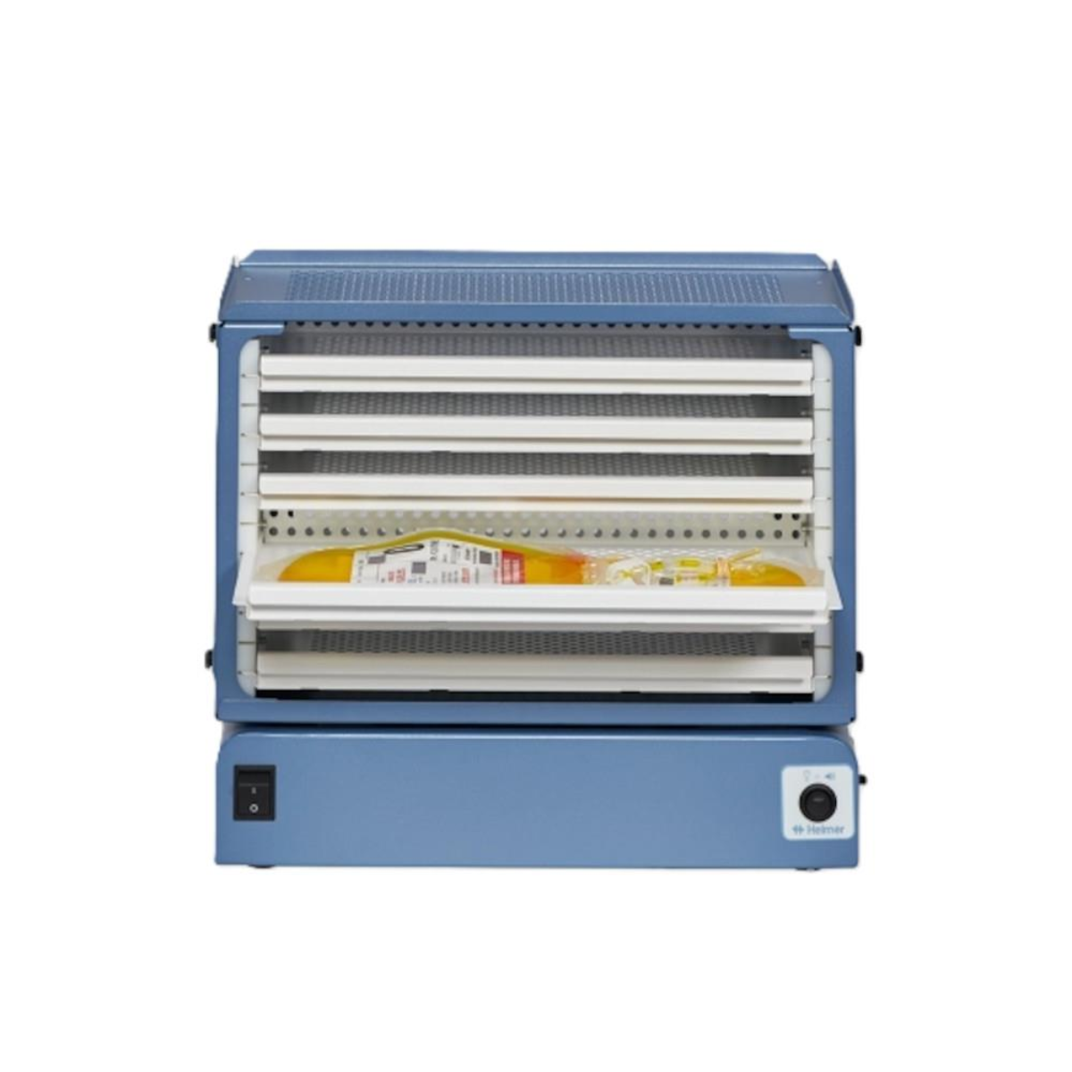 Blue lamination machine on a white background. PF15 Pro Line platelet agitator, Helmer Scientific unit for platelet storage with gentle horizontal agitation.