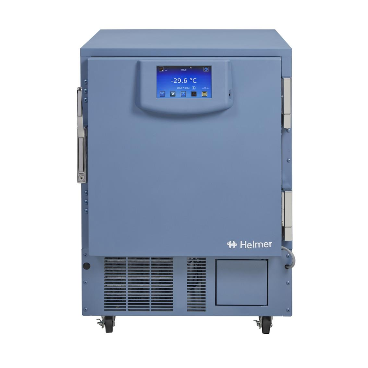 Blue Helmer freezer with digital display on a white background. iBF105-GX i.Series undercounter blood bank plasma freezer, –30 °C, 150-litre capacity, compact white medical storage unit with solid door.