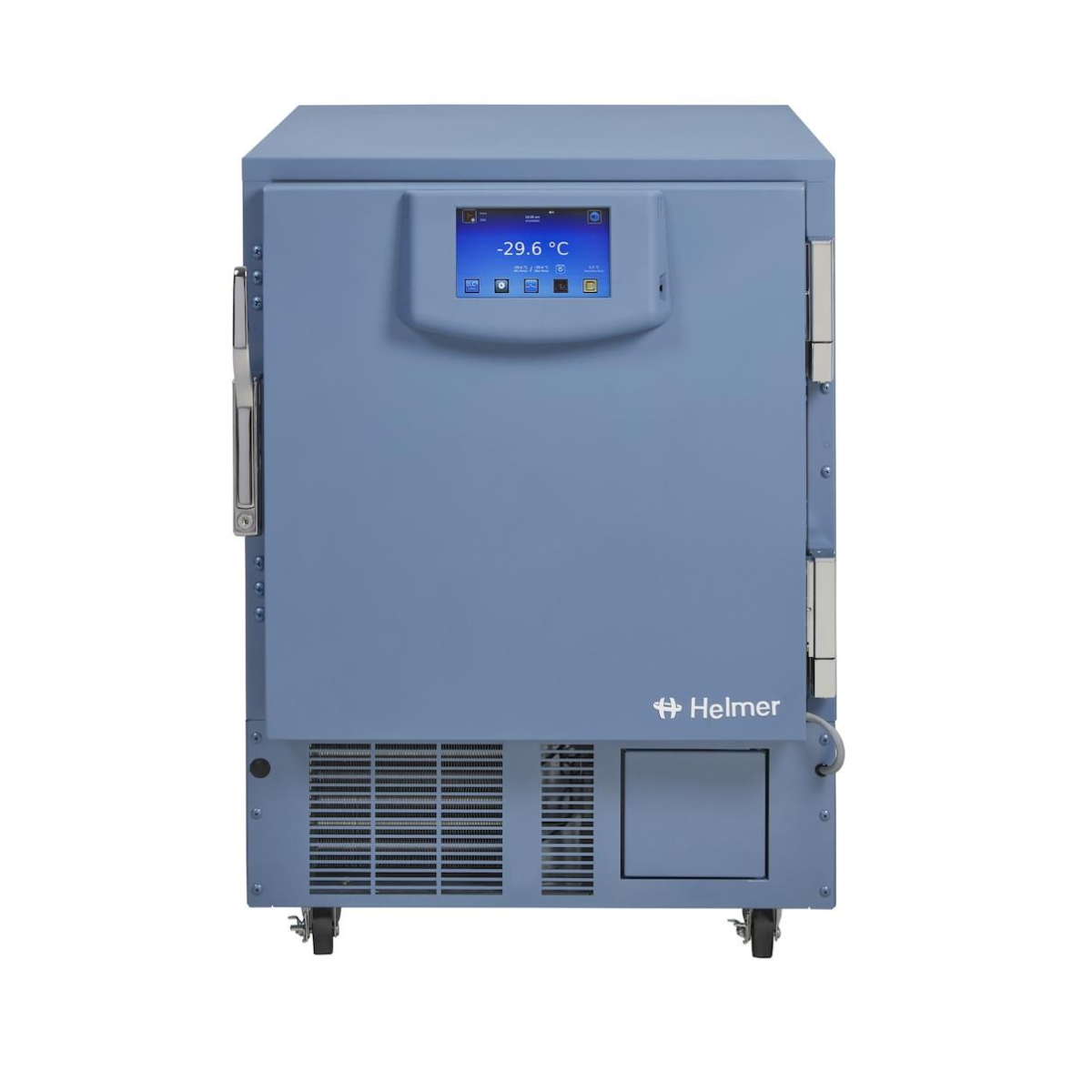 Blue Helmer freezer with digital display on a white background. iLF105-GX i.Series undercounter laboratory freezer, –30 °C, 150-litre capacity, compact white medical storage unit with solid door.