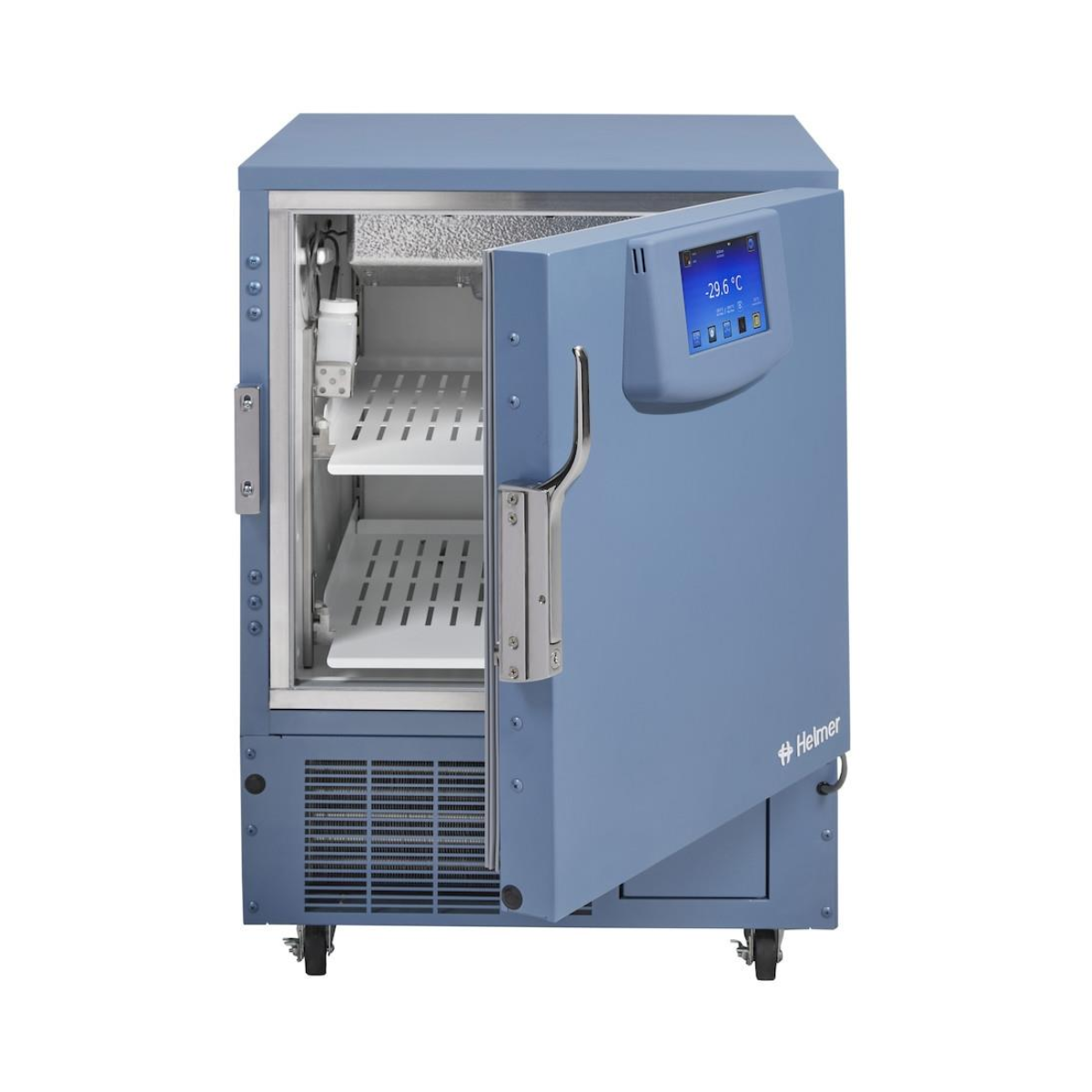 Blue laboratory refrigerator with open door on a white background. iLF105-GX i.Series undercounter laboratory freezer, –30 °C, 150-litre capacity, compact white medical storage unit with solid door.