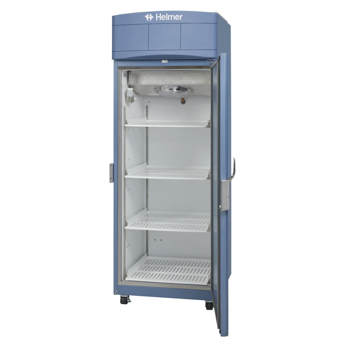 Blue Helmer refrigerator with open door on a white background. iLF120-GX i.Series upright laboratory freezer, –30 °C, 572-litre capacity, white medical storage unit with solid door.