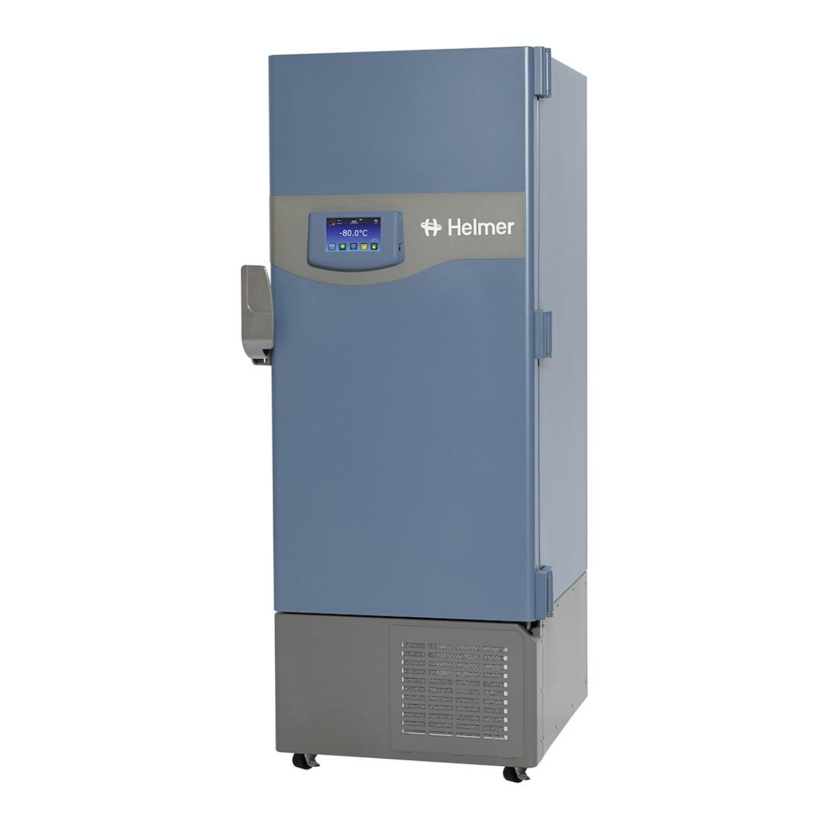 Blue Helmer freezer on a white background. iUF118-GX i.Series ultra-low temperature freezer, –86 °C, 510-litre capacity, upright white medical storage unit with solid door.