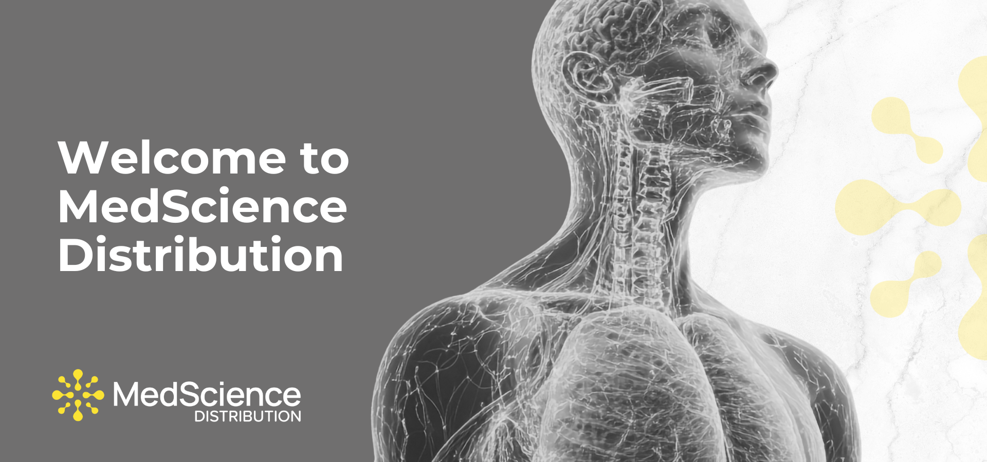 X-ray of a human body with 'Welcome to MedScience Distribution' text and logo.