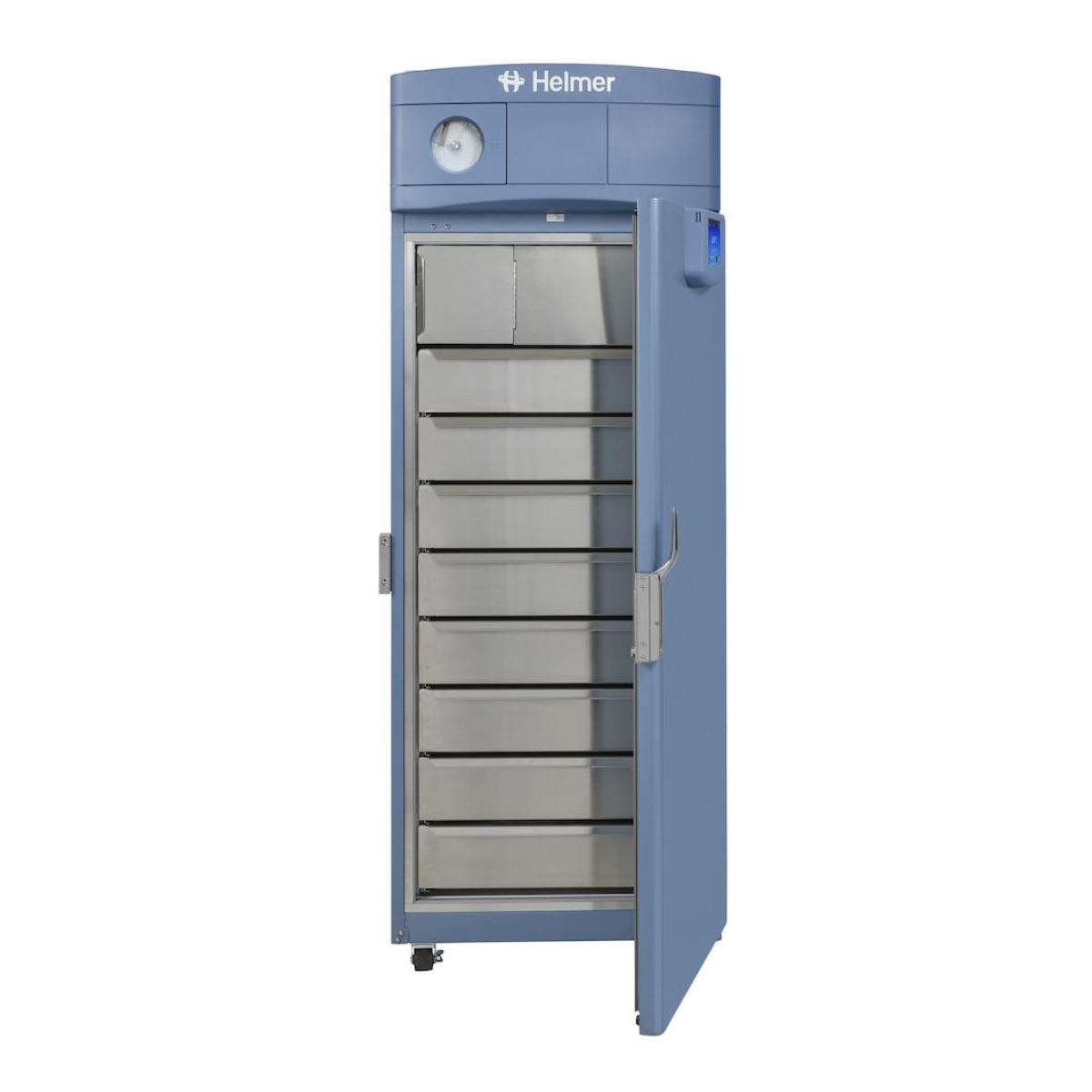 Blue Helmer refrigerator with glass door on a white background. iBF125-GX i.Series upright blood bank plasma freezer, –35 °C, 714-litre capacity, tall white medical storage unit with solid door.
