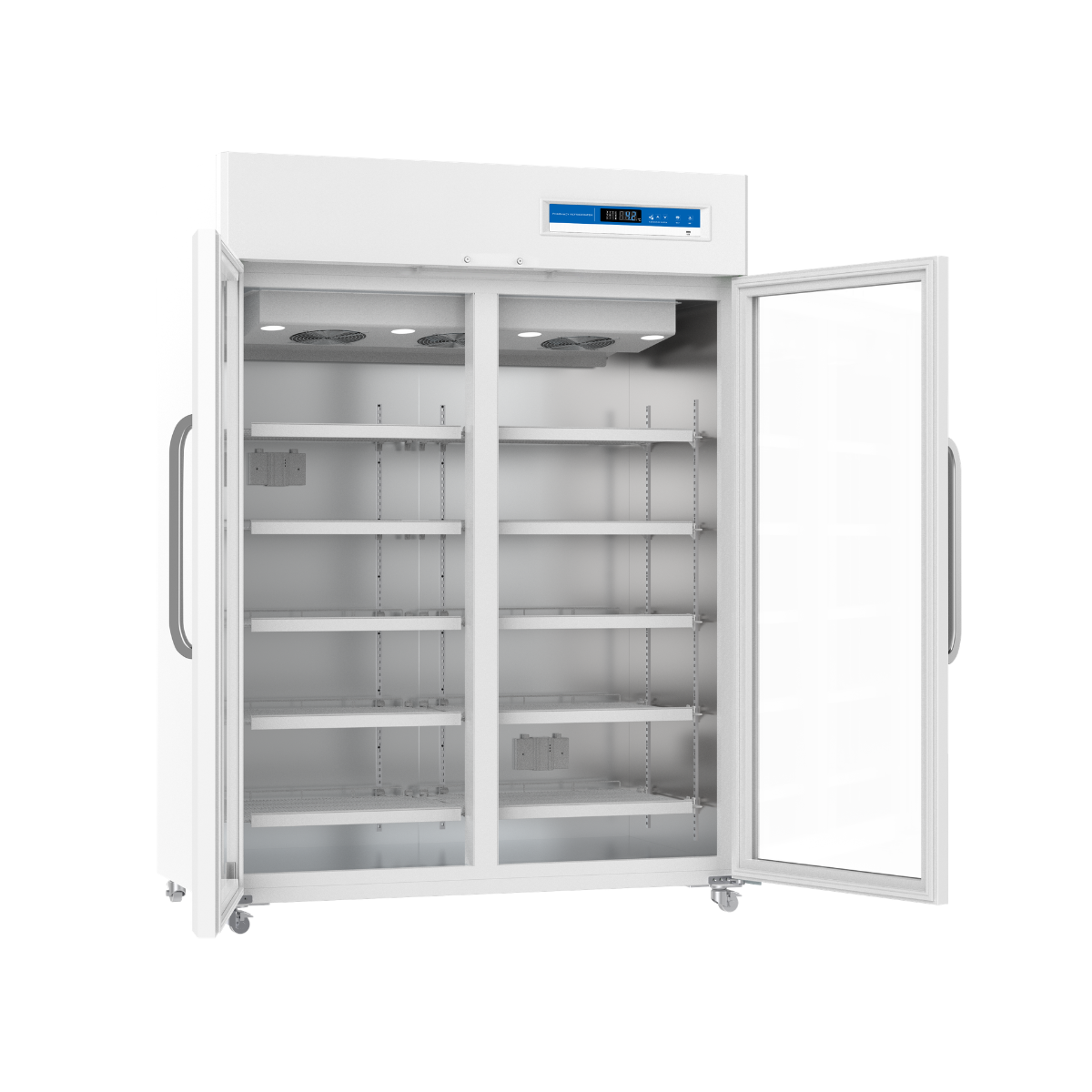 Large industrial freezer with two doors open on a white background