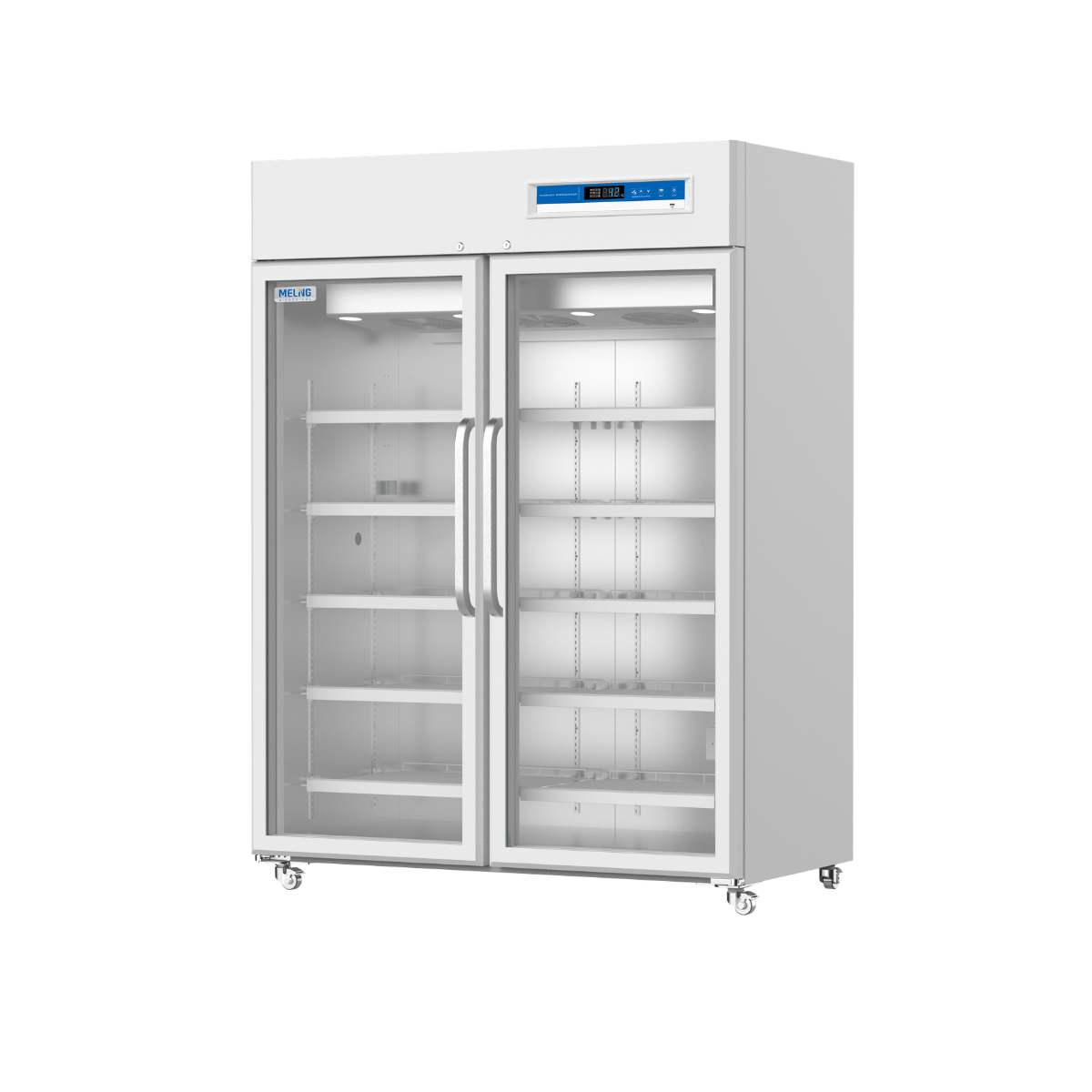 Commercial refrigerator with glass doors on a white background