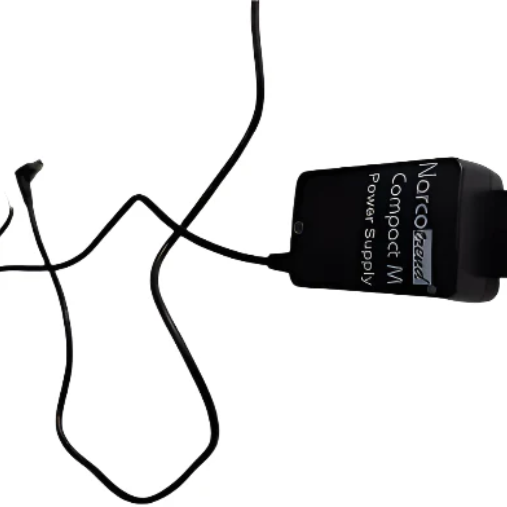 Black power supply device with cable on a white background