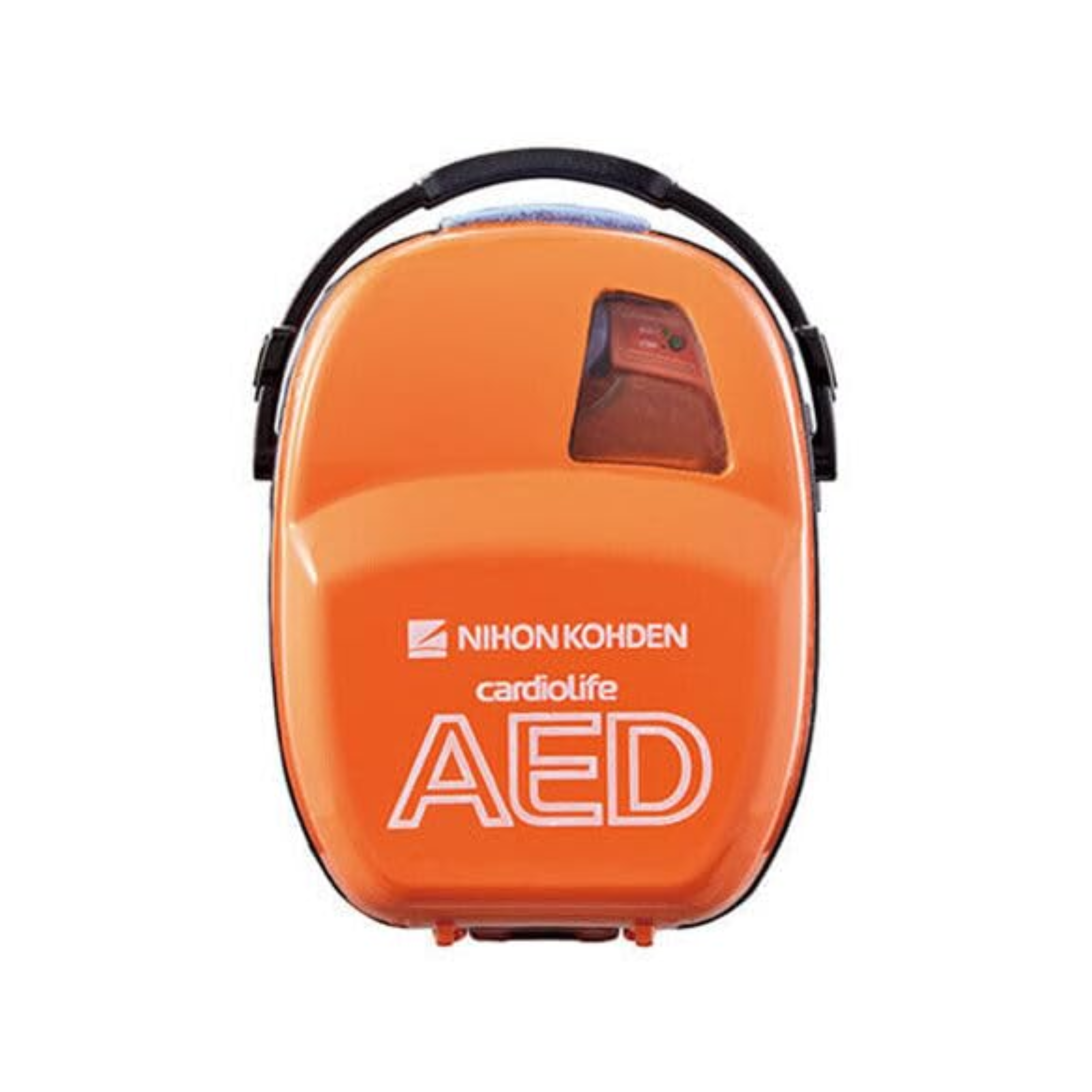 Orange AED device with Nihon Kohden logo on a white background