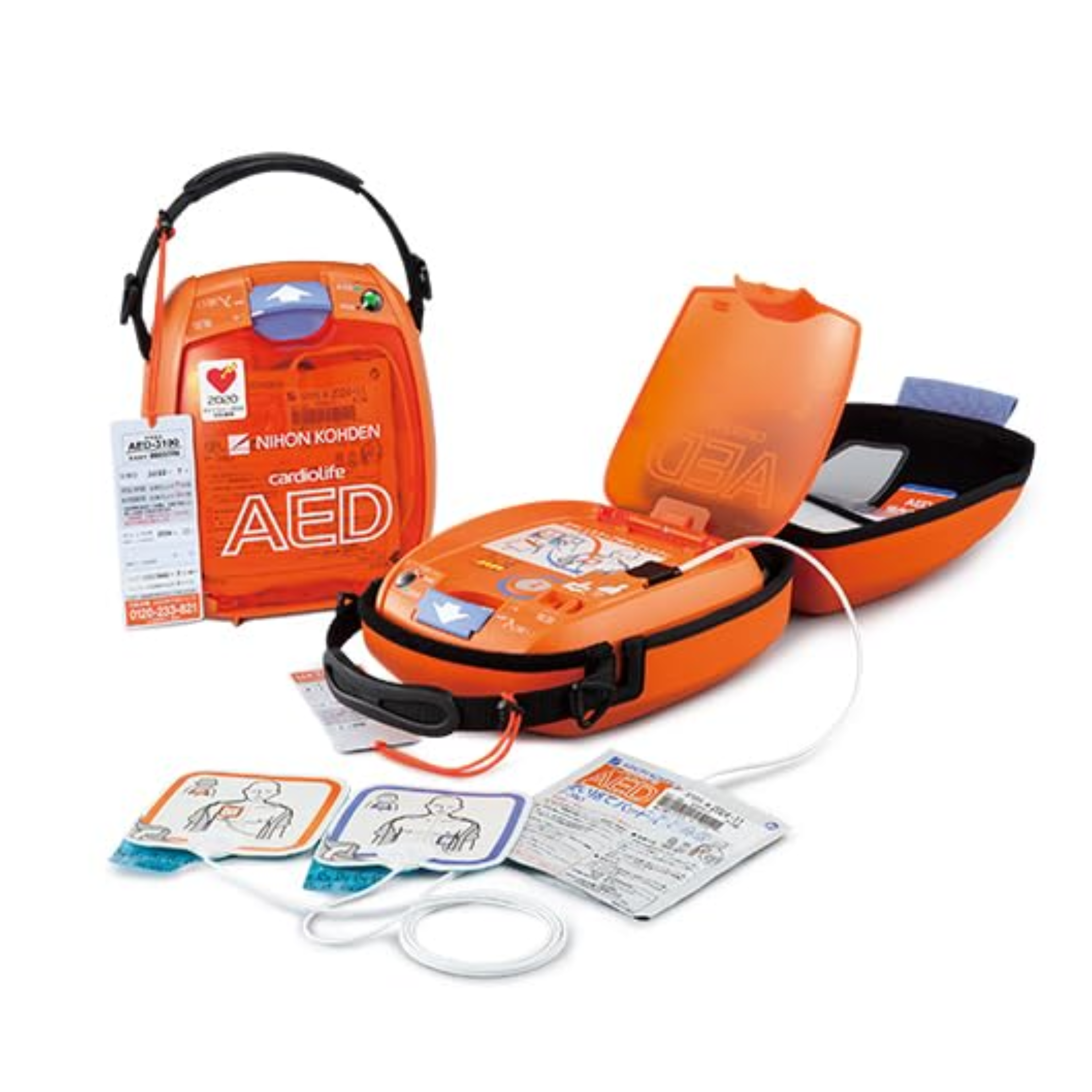 Orange AED (Automated External Defibrillator) with accessories on a white background