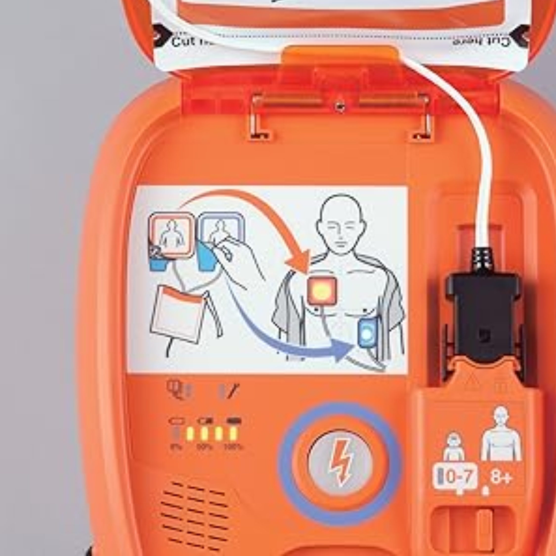 Orange defibrillator with instructional diagram on a gray background