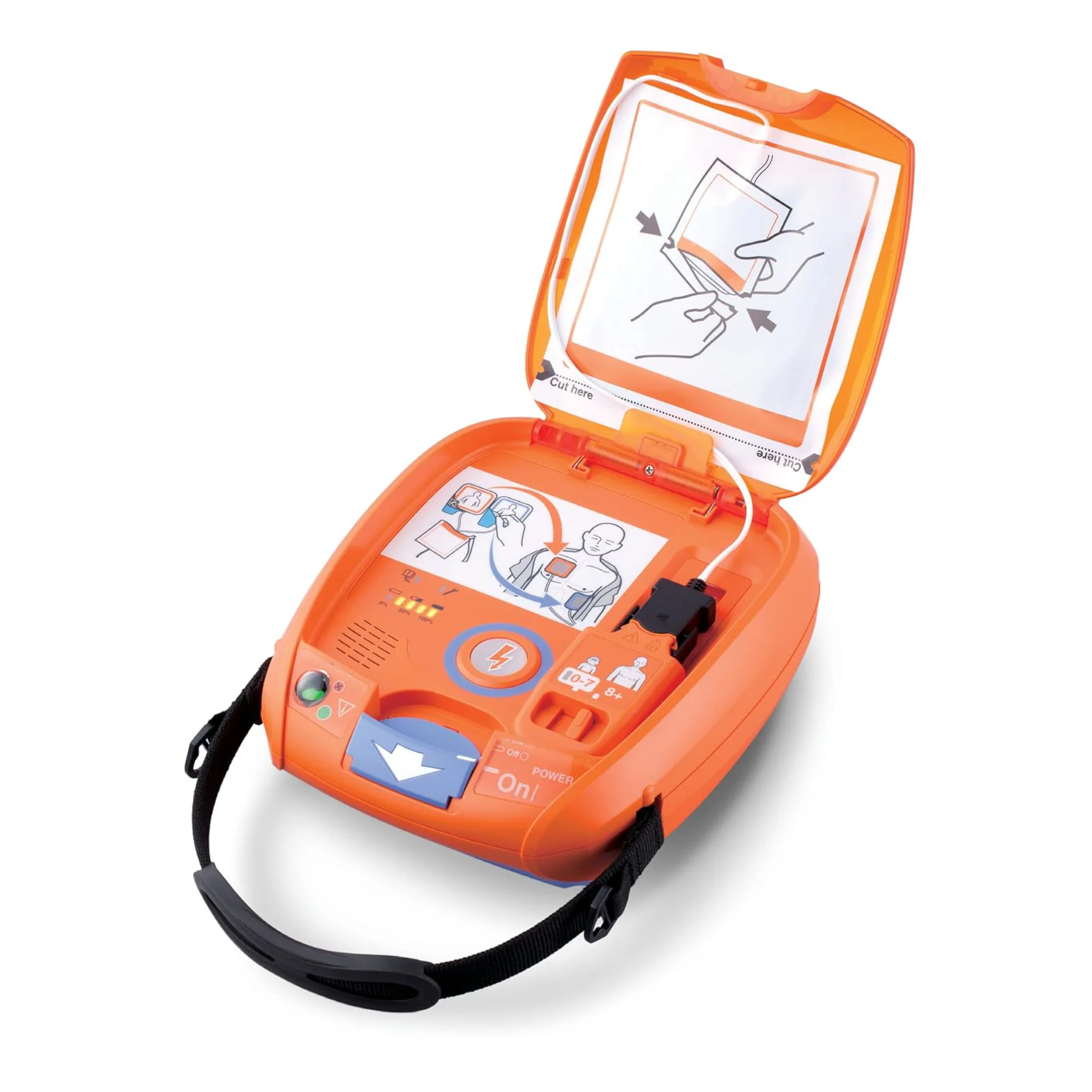 Orange defibrillator with instructional diagrams on a white background