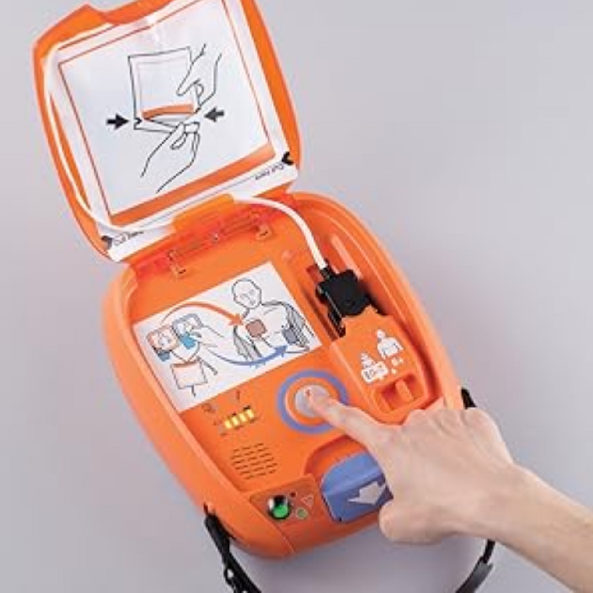 Orange AED (Automated External Defibrillator) with instructional diagrams on a gray background
