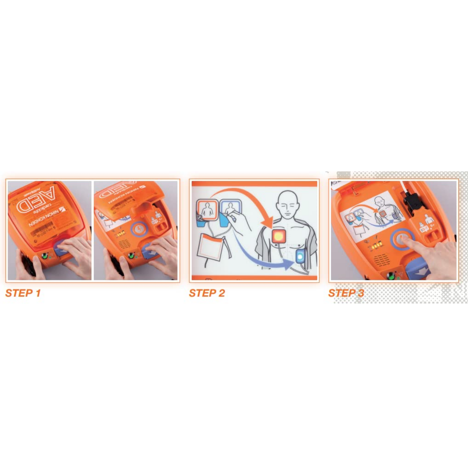 Step-by-step guide on using an AED device with illustrations and text labels.