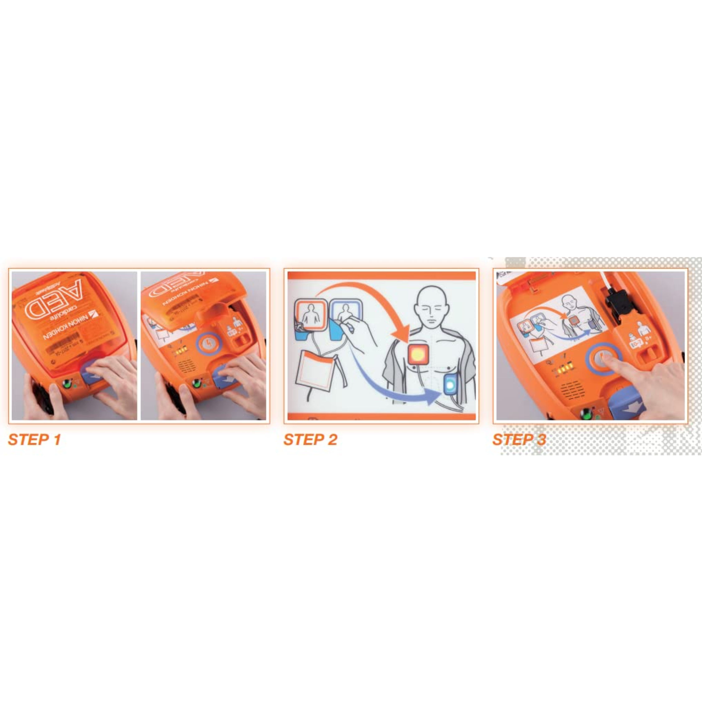 Step-by-step guide on using an AED device with illustrations and text labels.