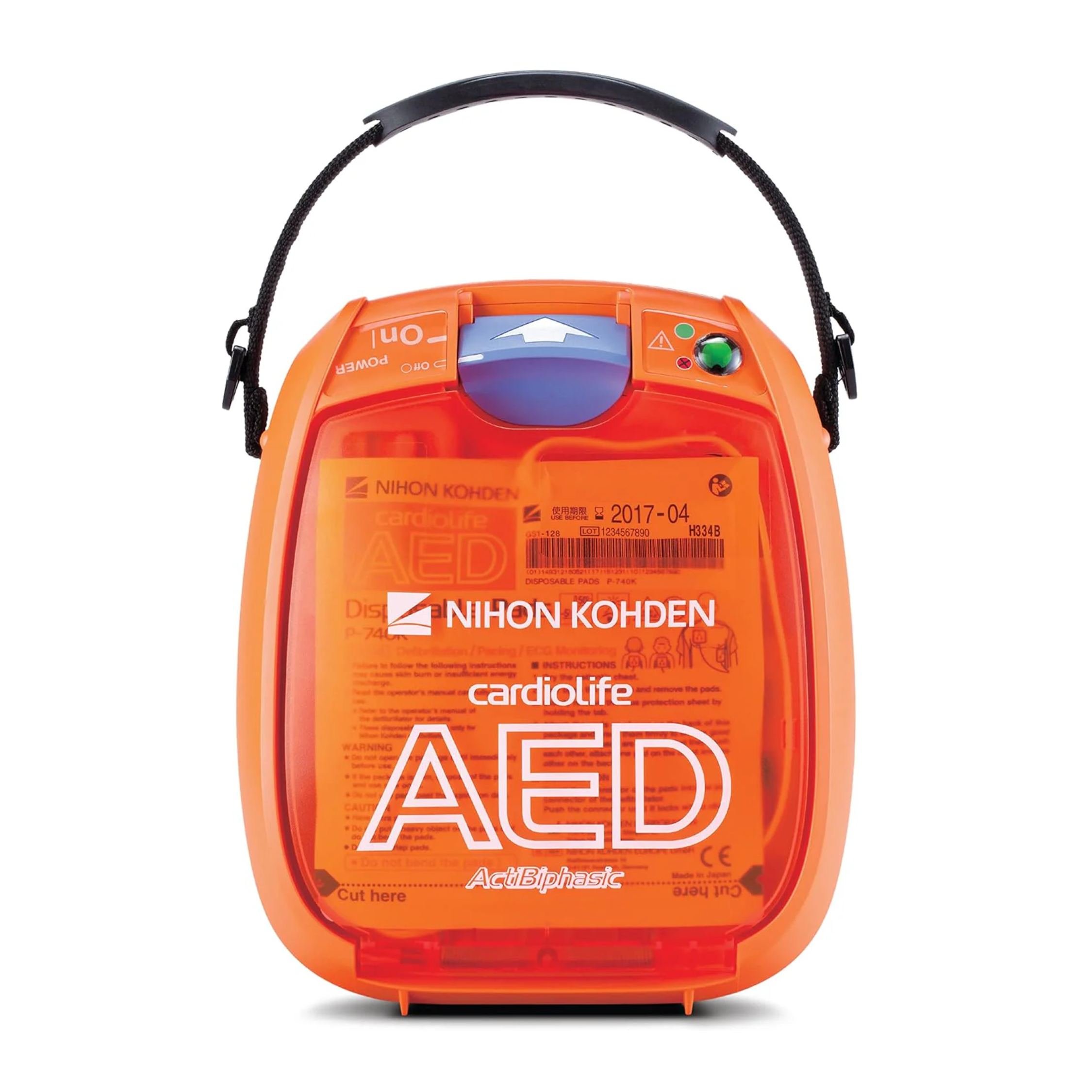 Orange AED device with Nihon Kohden branding on a white background