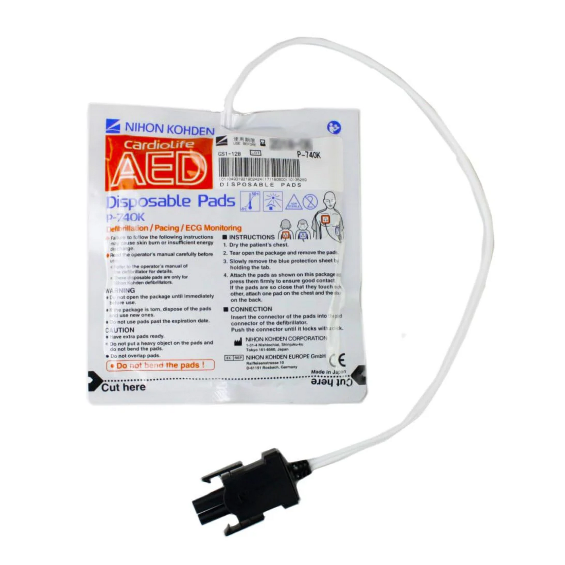 Nihon Kohden AED disposable pads with cable on a white background