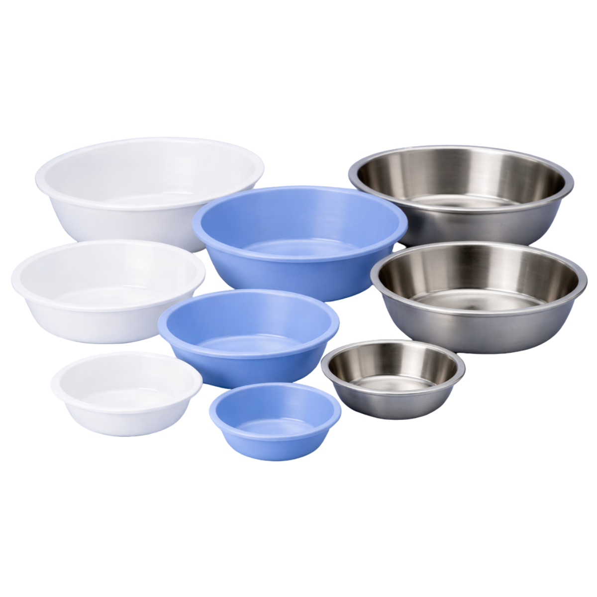 A collection of non-sterile medical bowls in various sizes, made from plastic and stainless steel, arranged neatly on a light blue surface with a soft blue background.