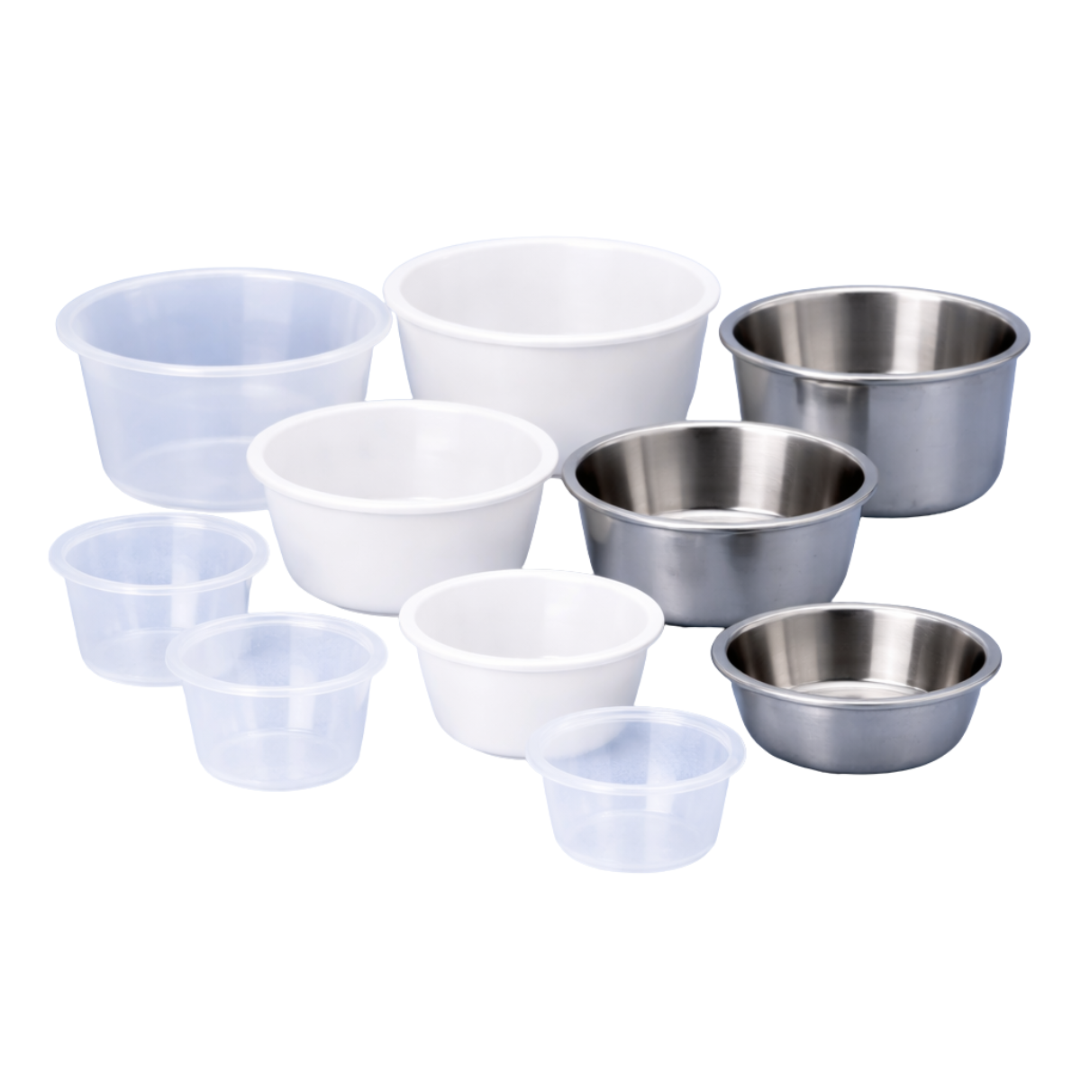 A collection of non-sterile medical gallipots in different sizes, made from clear plastic, white plastic, and stainless steel, arranged neatly on a light blue surface with a soft blue background.