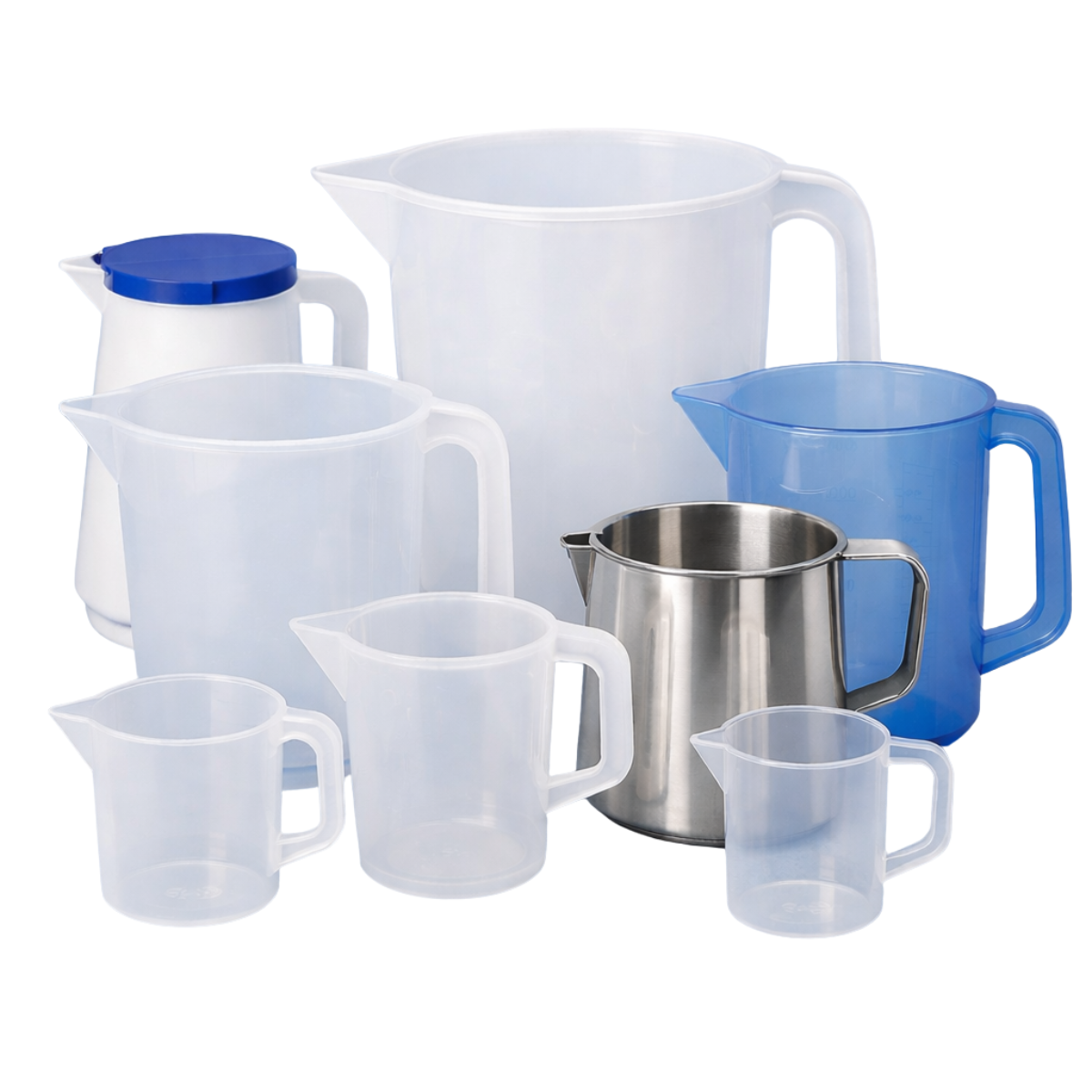 A collection of non-sterile medical holloware jugs in various sizes, plastic and stainless steel, arranged on a light blue surface with a soft blue background, shown without measurement markings.