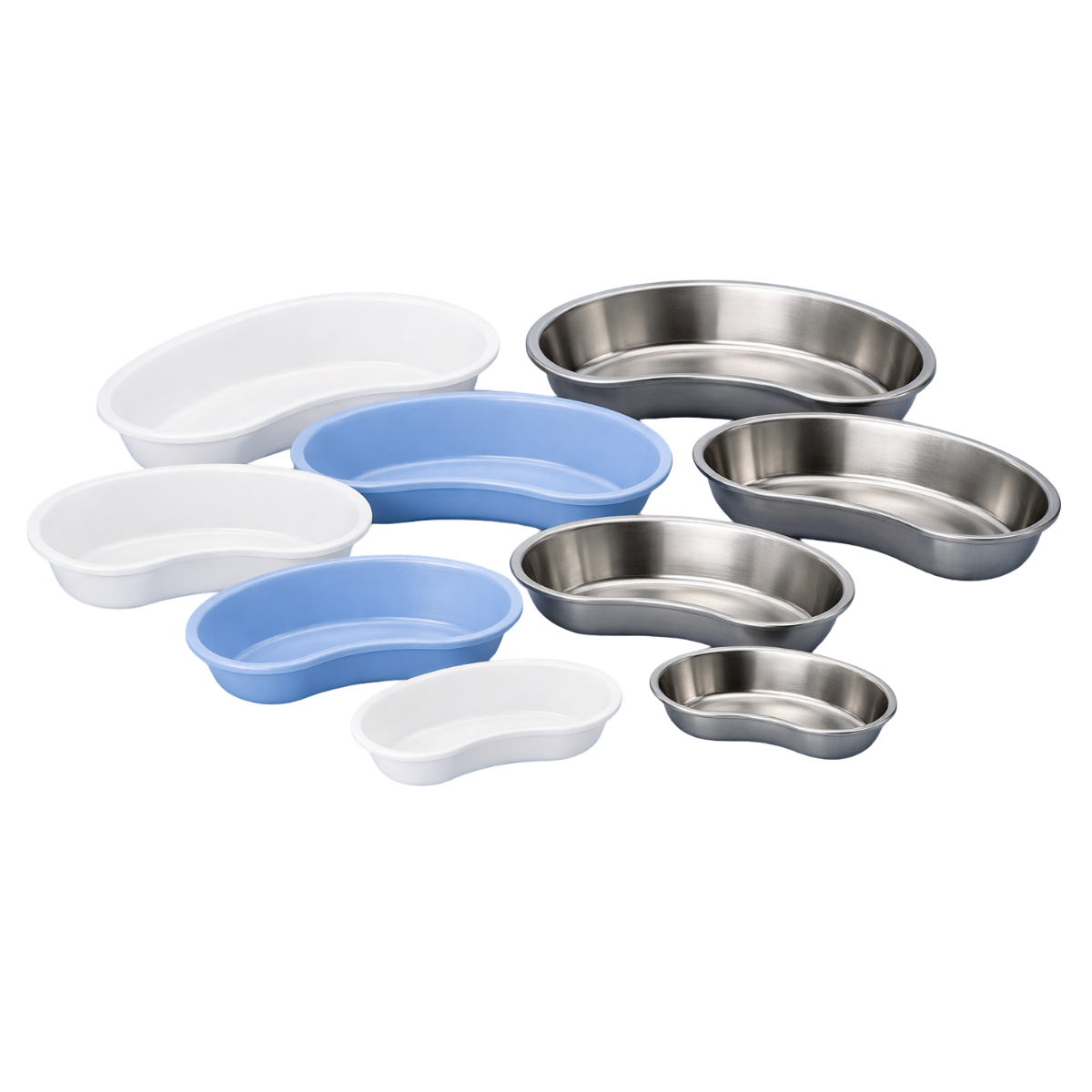 A collection of non-sterile medical kidney dishes in multiple sizes, made from plastic and stainless steel, arranged neatly on a light blue surface with a soft blue background.