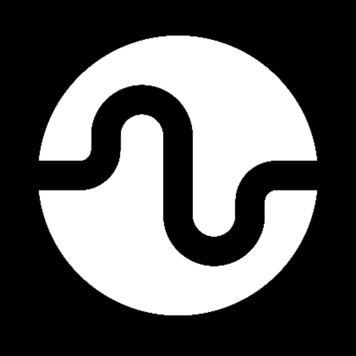 Black and white logo with a stylized 'S' inside a circle on a black background