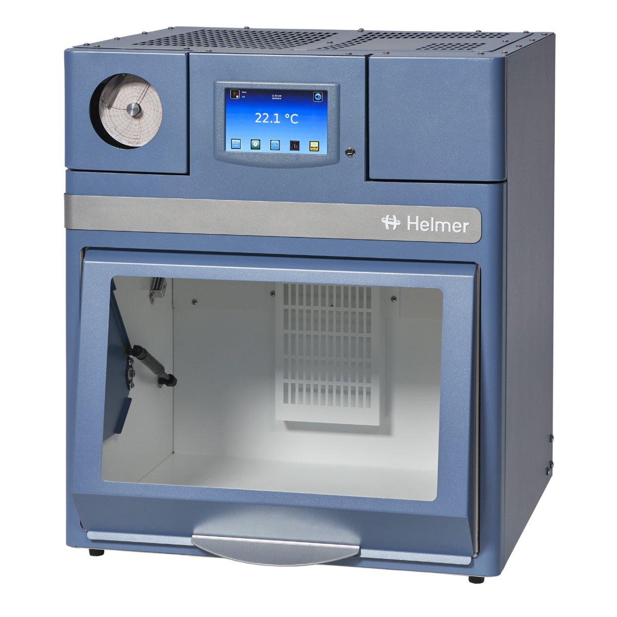 PC900 Pro Line Countertop Platelet Incubator by Helmer: a compact, countertop medical device with a solid front door, designed for controlled storage of platelets. Features a digital temperature display, touchpad controls, and internal agitator trays to ensure consistent motion and optimal platelet preservation.