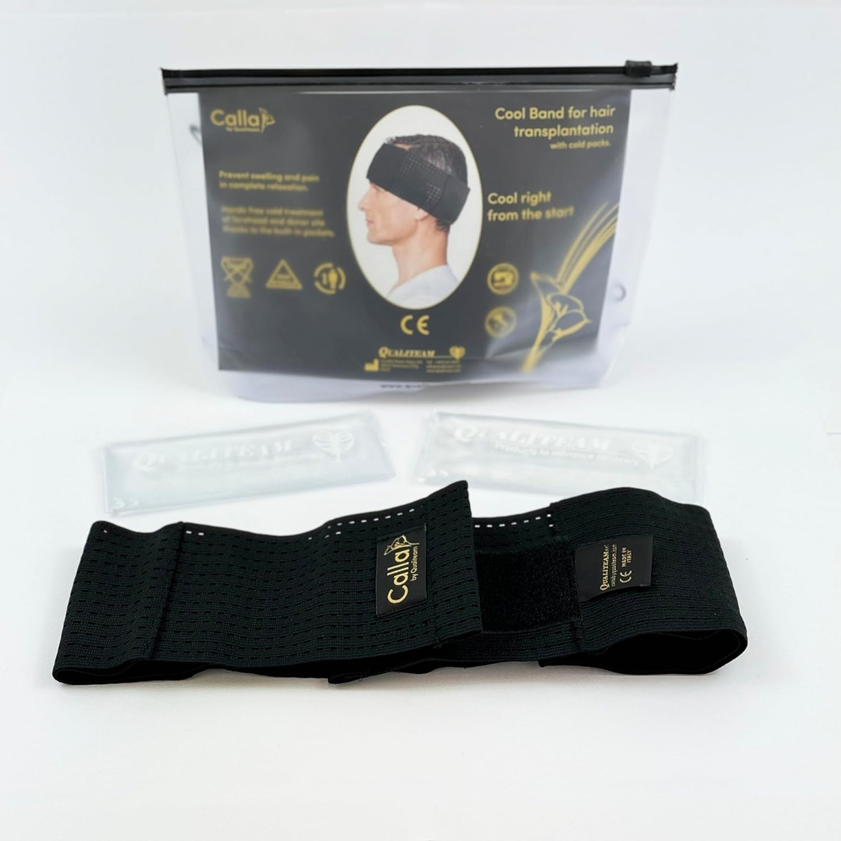 The Calla Cool Band has pockets for cold packs designed to prevent swelling at the forehead and to relieve pain at the donor site at the back of the head after hair transplantation.