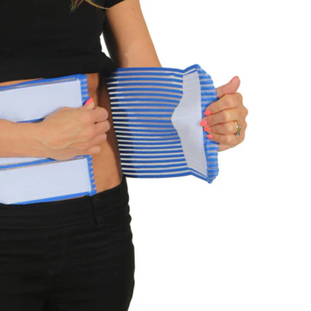 Person wearing a blue and white striped garment over their torso on a white background