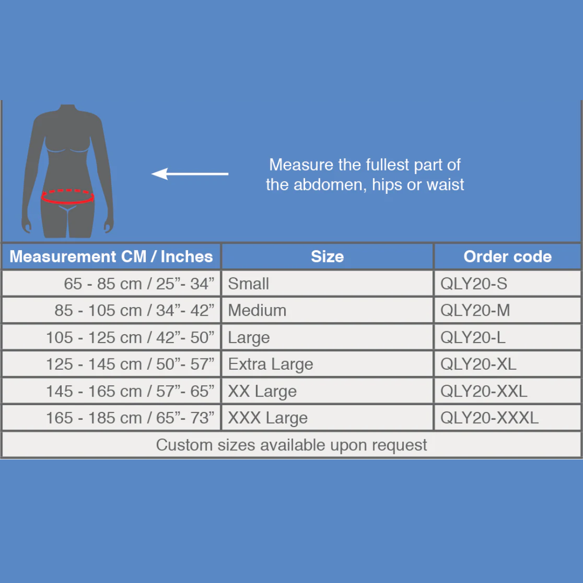 Size chart for clothing with measurement guide on a blue background