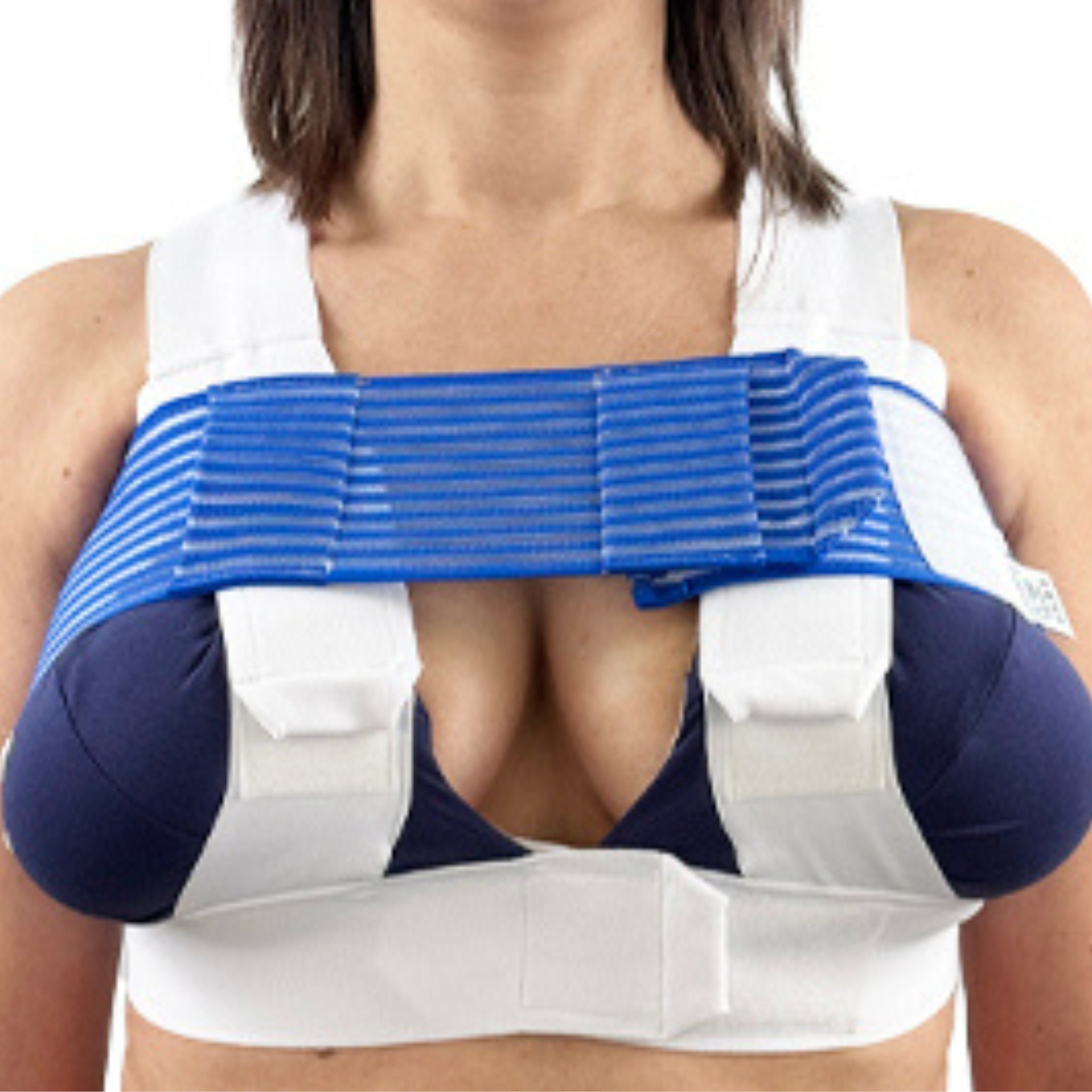 Person wearing a blue and white shoulder brace on a white background
