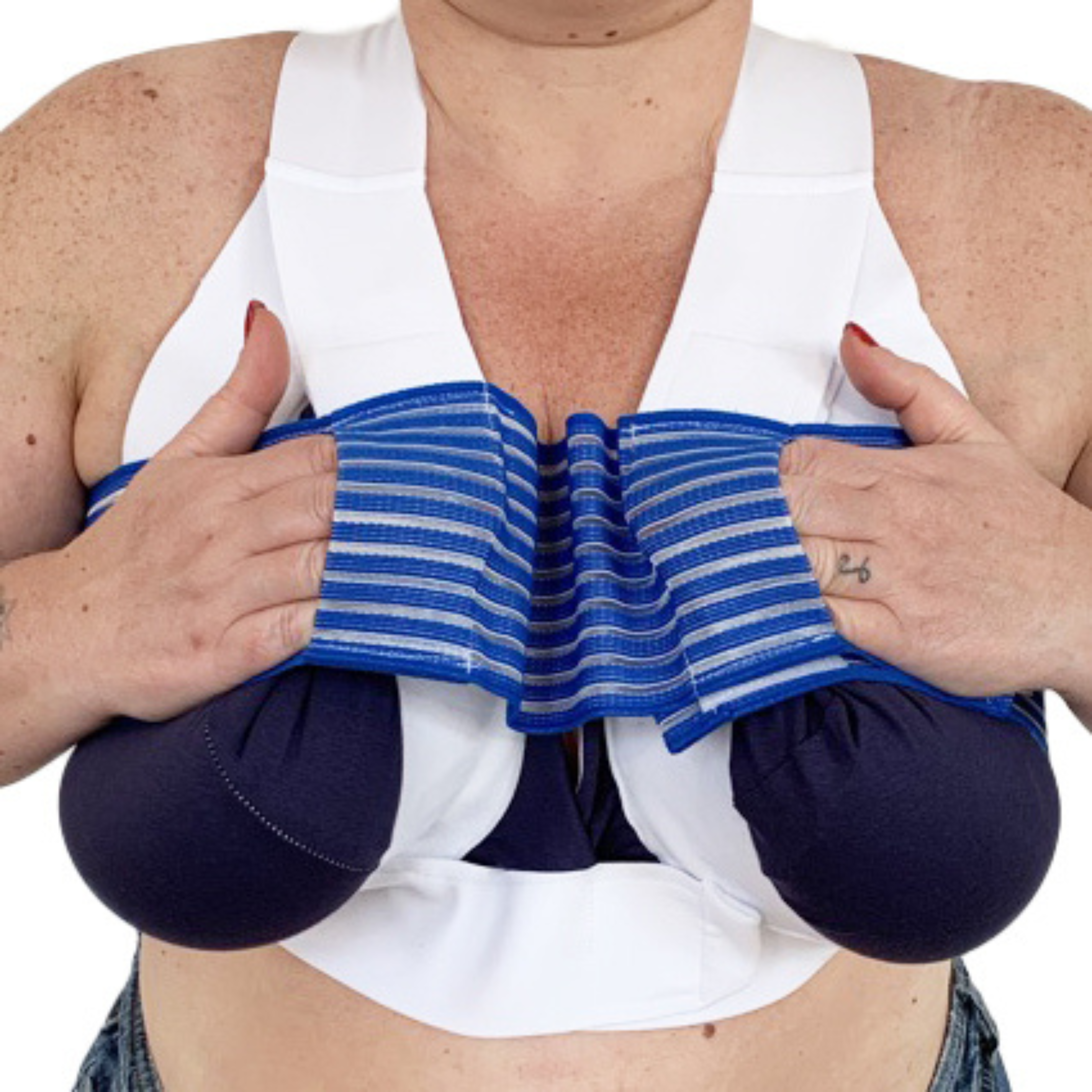 Person wearing a white tank top with a blue compression garment over it on a white background