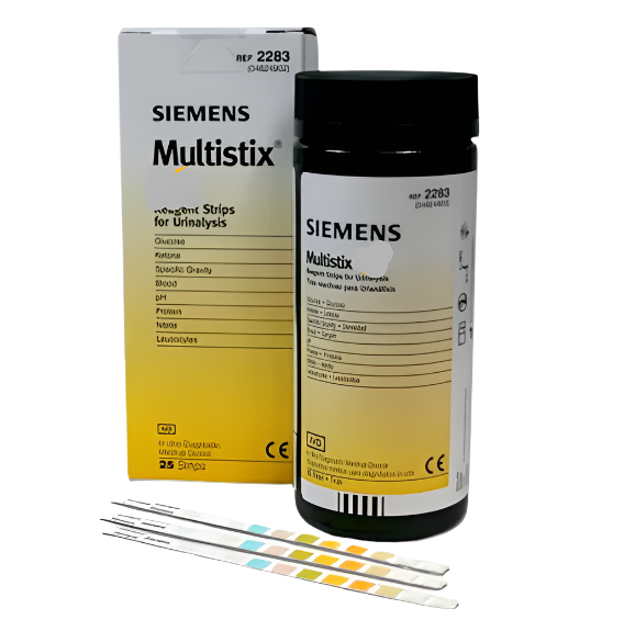 Siemens Multistix test strips packaging with a bottle on a white background